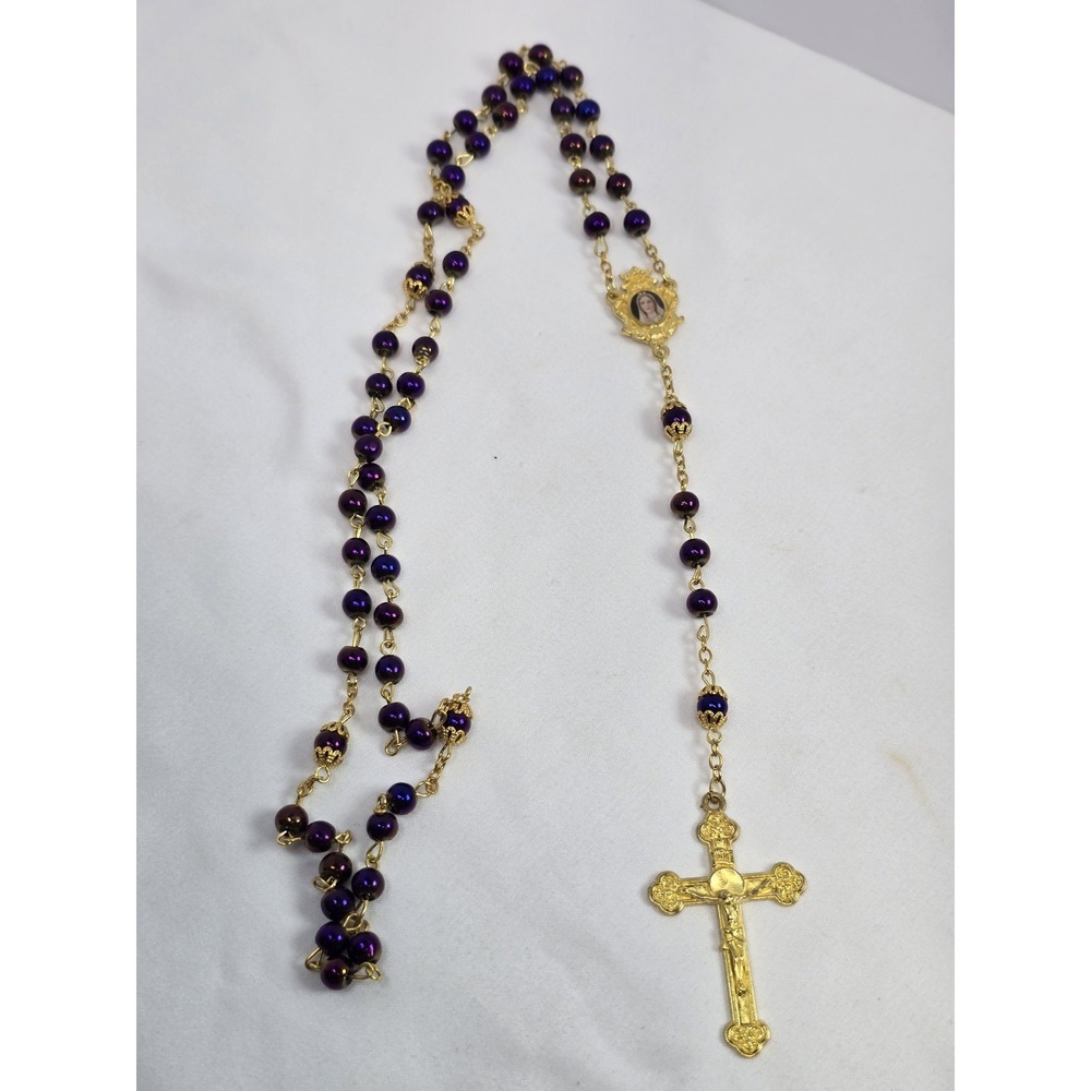 Vintage Purple Beaded Rosary Gold Tone Virgin Mary Queen of Heaven Crucifix 20in
